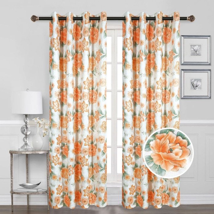 Floral Blackout With Foil Grommet Curtain Orange