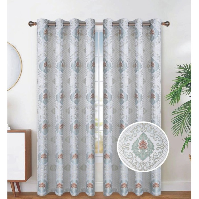Jacquard Medallion Drapes Grommet Curtains Aqua