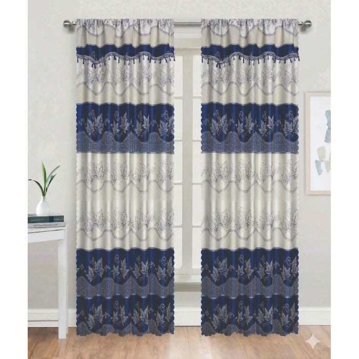 Leaf Embroidered Silky Tassel Curtains Navy