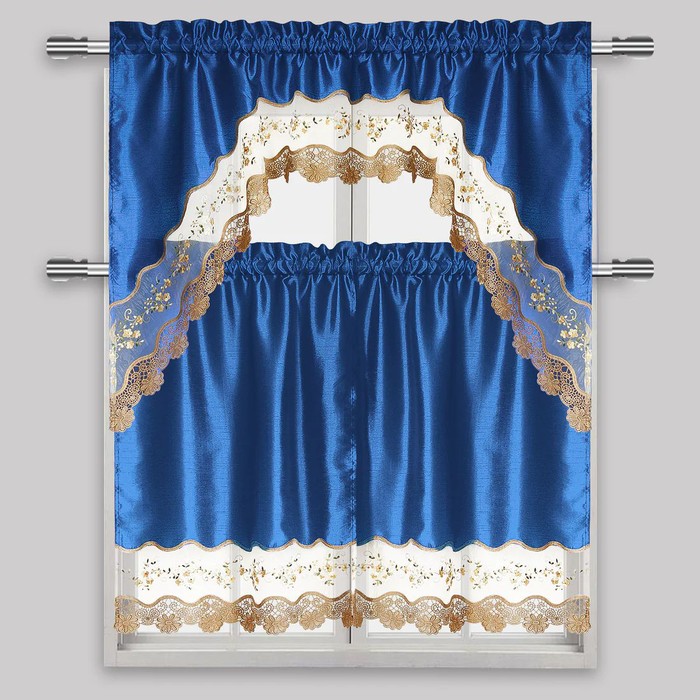 Navy 3-Piece Scalloped Kitchen Curtain Set