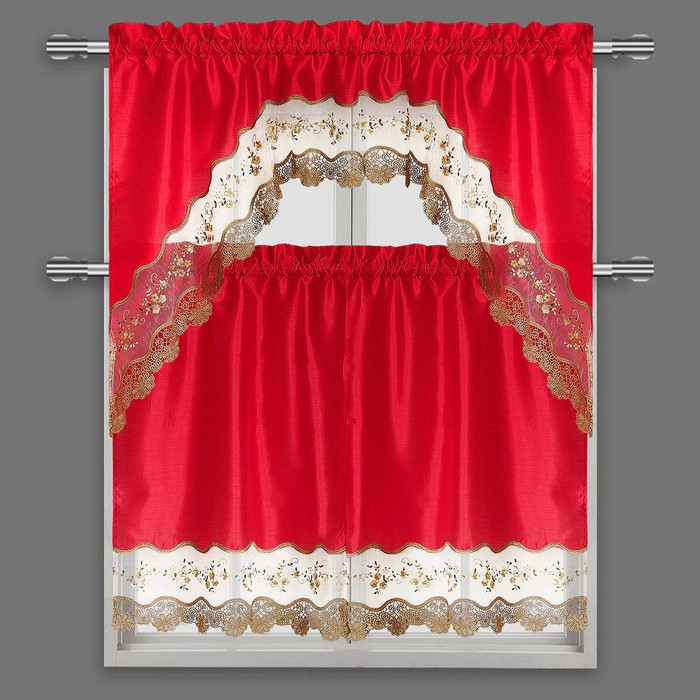 Red 3-Piece Scalloped Kitchen Curtain Set