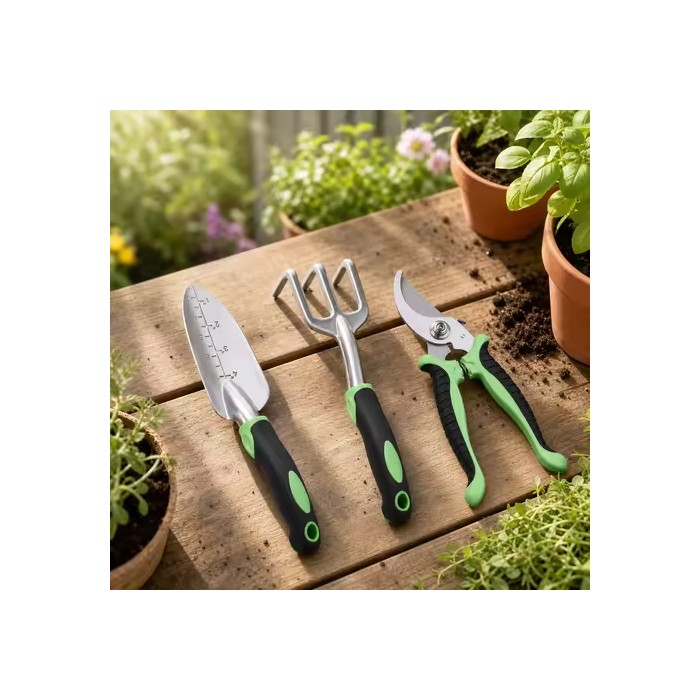 3 Piece Garden Tool Set Aluminum Alloy Gardening Hand Tools Kit with Transplanting Trowel 3 Tine Hand Rake Cultivator and Bypass Pruning Shears Ergonomic Non Slip Handles for Planting Digging Weeding and Trimming