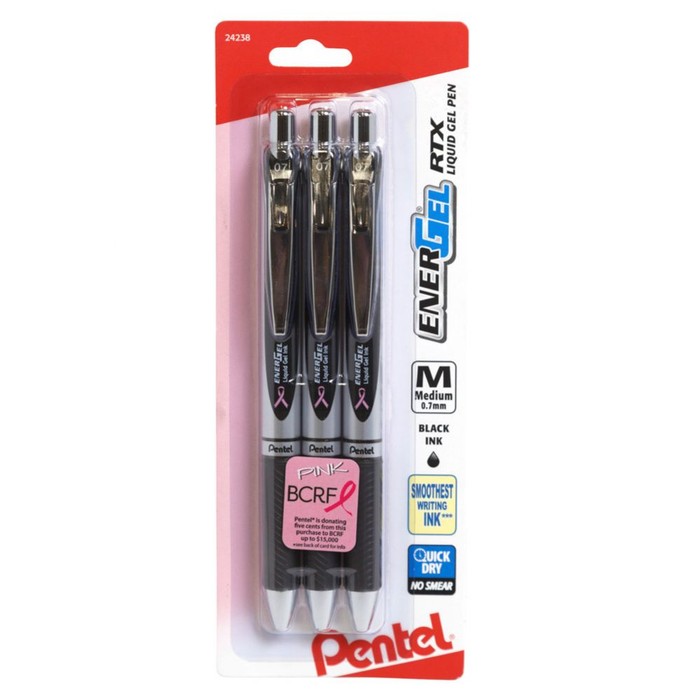 Pentel Energel Rtx Bca 3pk Gel Pens Black Ink 0.7mm Retractable Carded Peggable