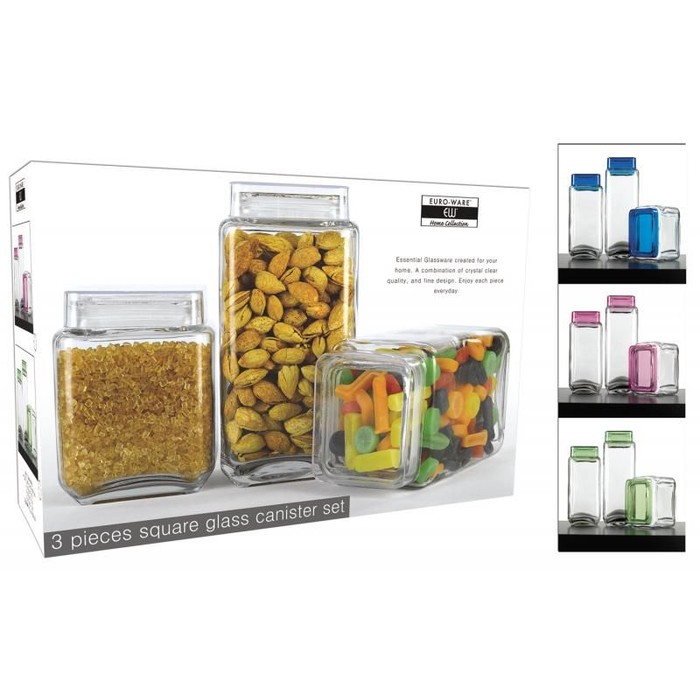 3 Piece Glass Caniser Set W/assorted Color Lids