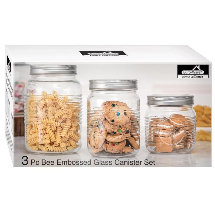 3pc Bee Embossed Glass Canister Set With Metal Lids