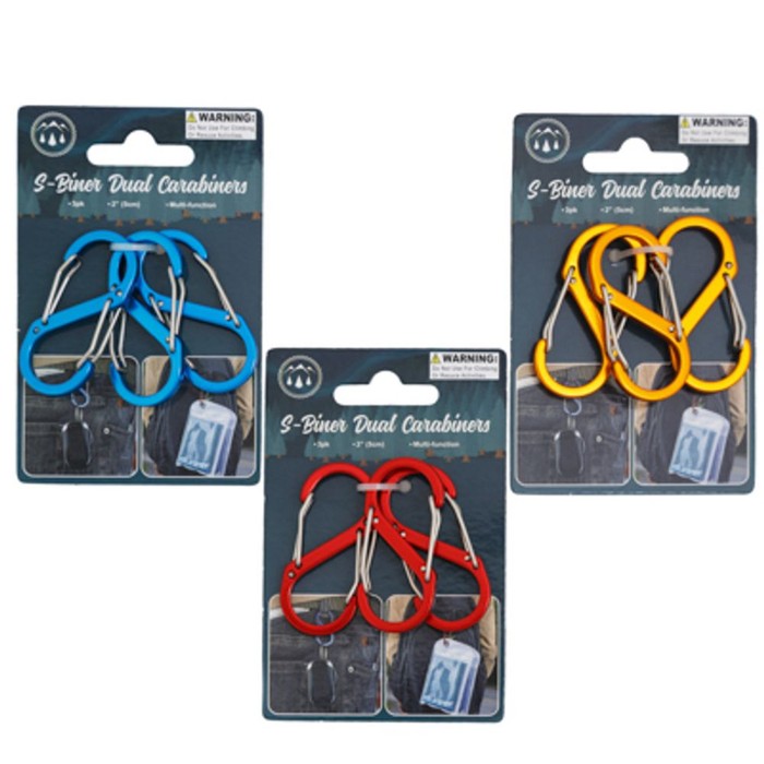 Carabiner S Shape Double Gated 3pk 2inl Alloy/iron 3ast Clrs On 12pc Mdsg Strip/tcd