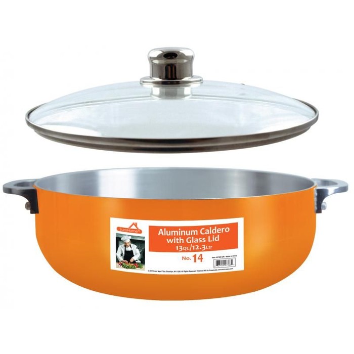 13.5 Qt Shiny Aluminum Caldero w/ Glass Lid-ORANGE #14