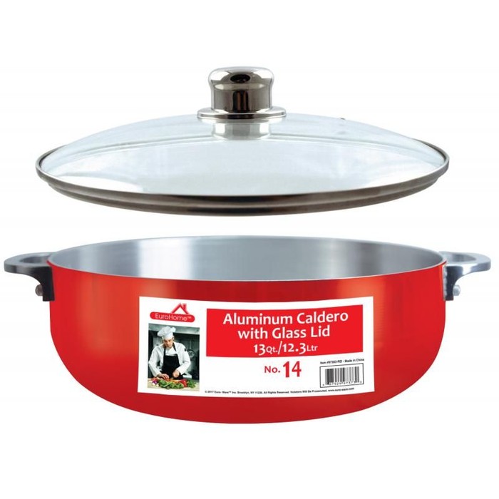 13.5 Qt Shiny Aluminum Caldero w/ Glass Lid-RED #14