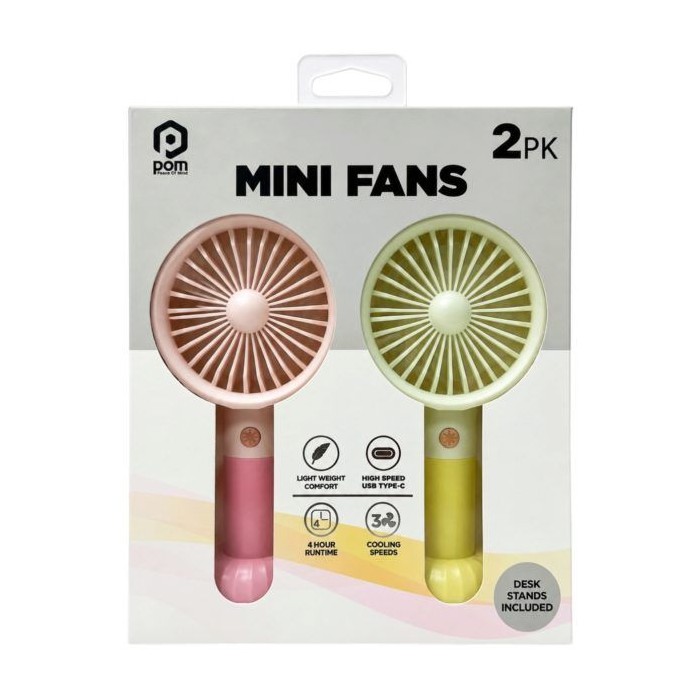 6 pieces 2-count Pom Gear Rechargeable 3-Speed Mini Fan With Desk Stand In Pink & Yellow - Electric Fans