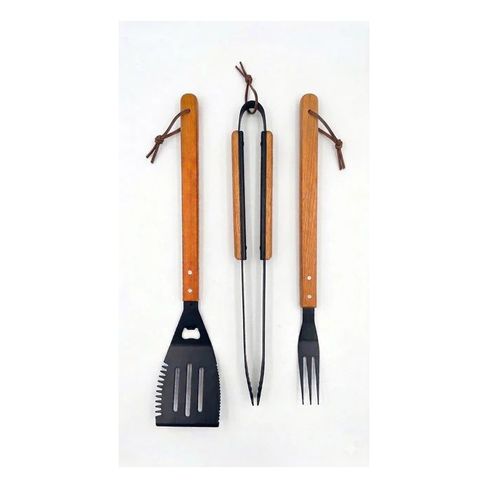 6 Pieces 3-Piece Bbq Tool Set Stainless Steel With Natural Wood Handles - Kitchen Gadgets & Tools