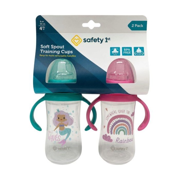 8 pieces Safety First 2-count 9oz Printed Sippy Cups With Silicone Spout & EasY-Grip Handles In Aqua & Pink - Baby Bottles