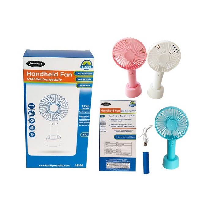 Handheld Fan 4"x 8.3" High White Pink Blue