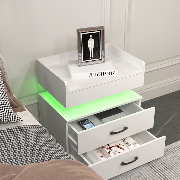 1 Set Nightstand With Adjustable LED Strip Light, 2-drawers, Large Storage Space, Suitable For Bedside Table, Coffee Table, Sofa Side Table Or End Table For Study Desk