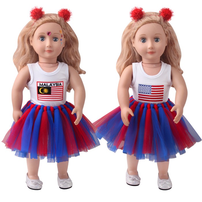 18-inch American Girl Doll Clothes Printed Short Sleeve Handmade Veil Skirt Hair Ball Hair Hoop