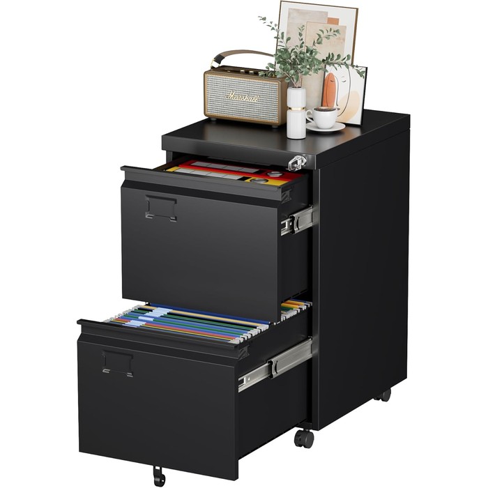 2 Drawer Mobile File Cabinet, Metal Under Desk Cabinet With Lock Name Card Holder For Office Home, Legal Letter Size, Assembly Required