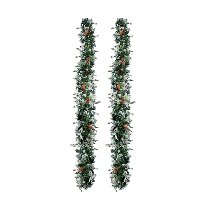 2 Pack 9FT Pre-lit Snow Flocked Christmas Garland, Lighted Artificial Xmas Garland With 200 Warm Lights And 440 Tips And Red Berries, For Front Door Gate Wall Xmas Party Decorations, Snowy Green