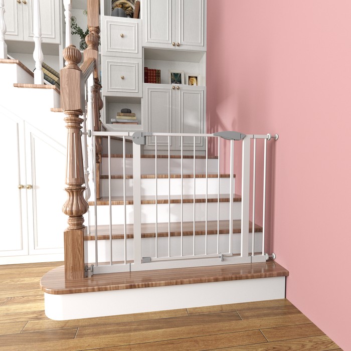29.5-45.3 Wide Baby Gate For Stairs, Dog Gate Indoor For Doorways, No Drilling Pressure Mounted Pet Gates For Kids, Easy Walk Through Safety Gate, White