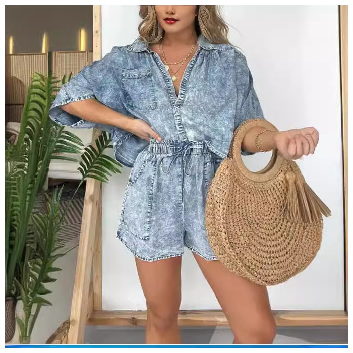 2pcs Loose Denim Suits Summer Casual Bat Sleeve Shirt And Drawstring Shorts With Pockets Women's Set