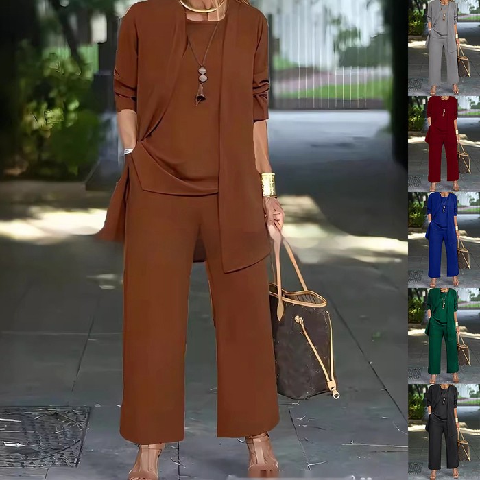 3-piece Cardigan Suit Pure Color Split Sleeveless Vest Top Long Sleeve Jacket And Wide Leg Pants Set