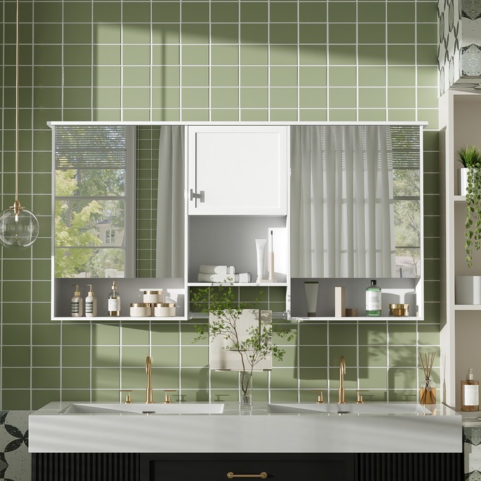 55 Inch Wall-Mount 3-in-1 Mirror Cabinet With Adjustable Shelf, Soft-Closing Hinges, High-Quality MDF, For Bathroom Vanity, Living Room, Bedroom Storage Organizer