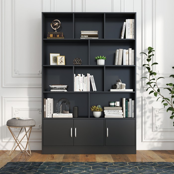70.87 Tall Bookshelf With 10 Cubes And 3 Doors, 4-Tier Bookshelf, Open Shelf Bookcase With Cabinet, Modern Cube Storage Organizer For Living Room, And Office