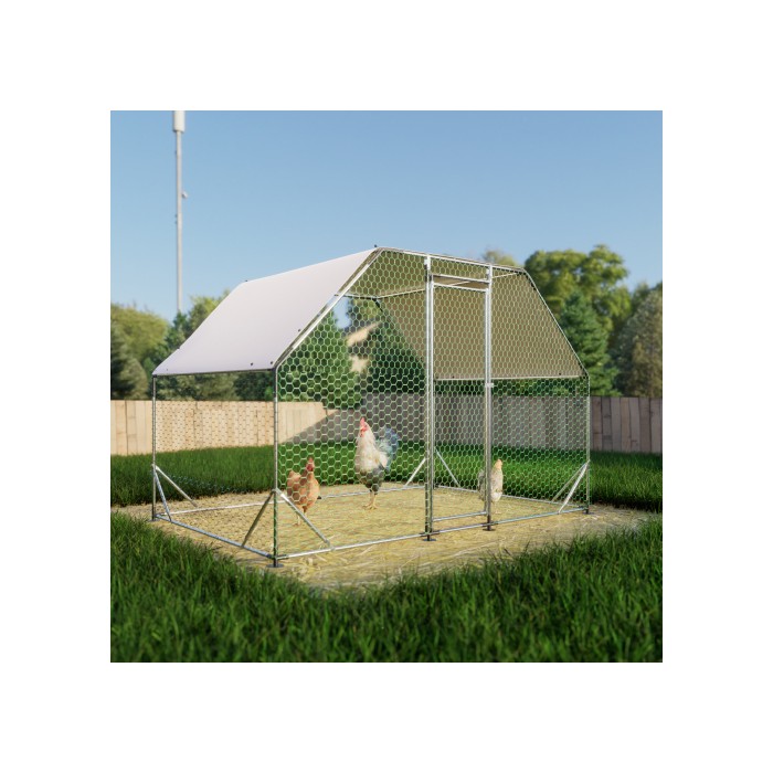 9.94 Ft. X 6.46 Ft. X 6.36 Ft. Metal Large Chicken Coop Walk-in Poultry Cage Run Flat Shaped With Waterproof Cover