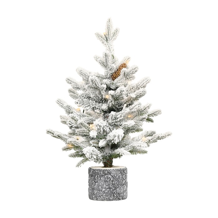 Artificial 2ft Decorated Flocking Basin Tree With 189 PE PVC Mixed Branch Tips, Pine Conex3, 30L Wram White Light, Holiday Decorating