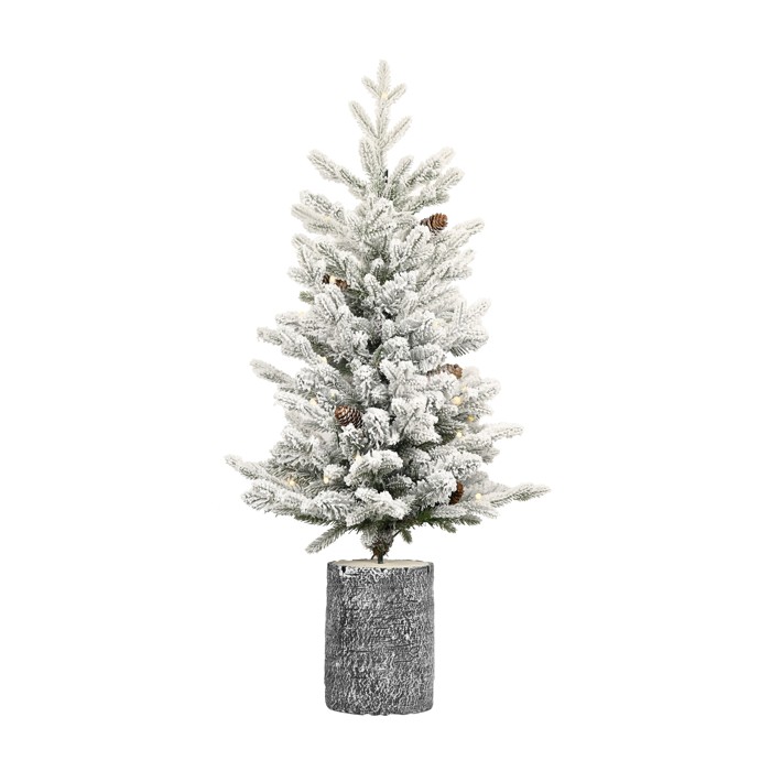 Artificial 4.5ft Decorated Flocking Basin Tree With 720 PE PVC Mixed Branch Tips, Pine Conex19, 150L Wram White Light, Holiday Decorating