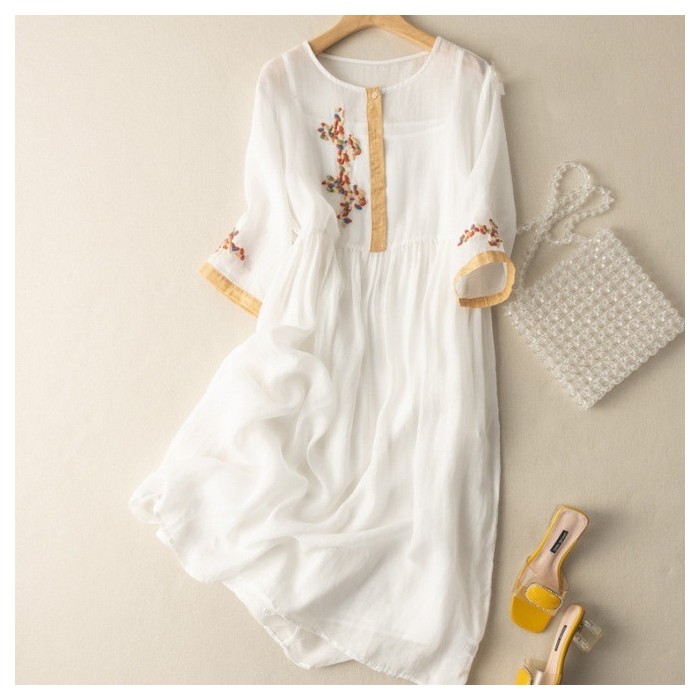 Artistic Ethnic Style Linen Cotton Embroidery Loose Half Sleeve Dress