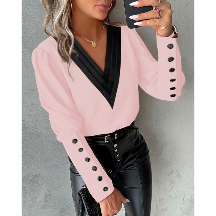Autumn Fashion V-neck Solid Color Long Sleeve Button Ladies Shirt Blouse