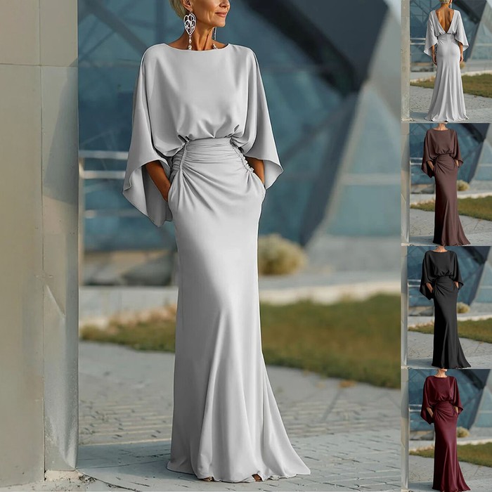 Batwing Sleeve Backless Dress Slim Elegant Pleated Dresses For Women Vening Gown For Party Wedding Clothing