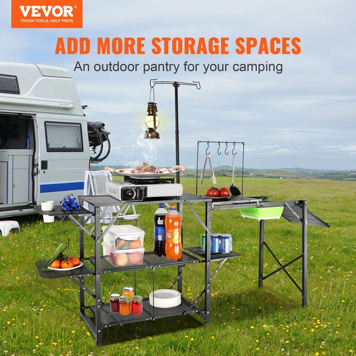 Camping Kitchen Table, One-piece Folding Portable Cook Station With A Carrying Bag, Long Aluminum Camping Table 3 Side Tables, 2 Shelves A Detachable Sink For Outdoor Picnics, BBQs, Camping