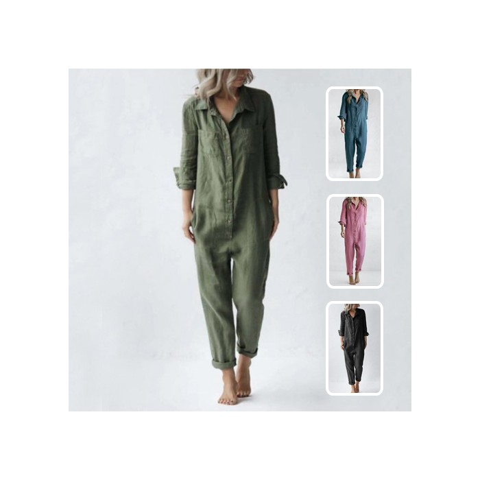 Casual Long Sleeve Jumpsuit With Pockets Fashion Loose Lapel Button Romper Pants Womens Clothing