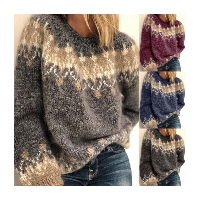 Casual Pullover Jacquard Sweater Autumn And Winter Fashion Ethnic Style Knitted Tops Women's Clothing