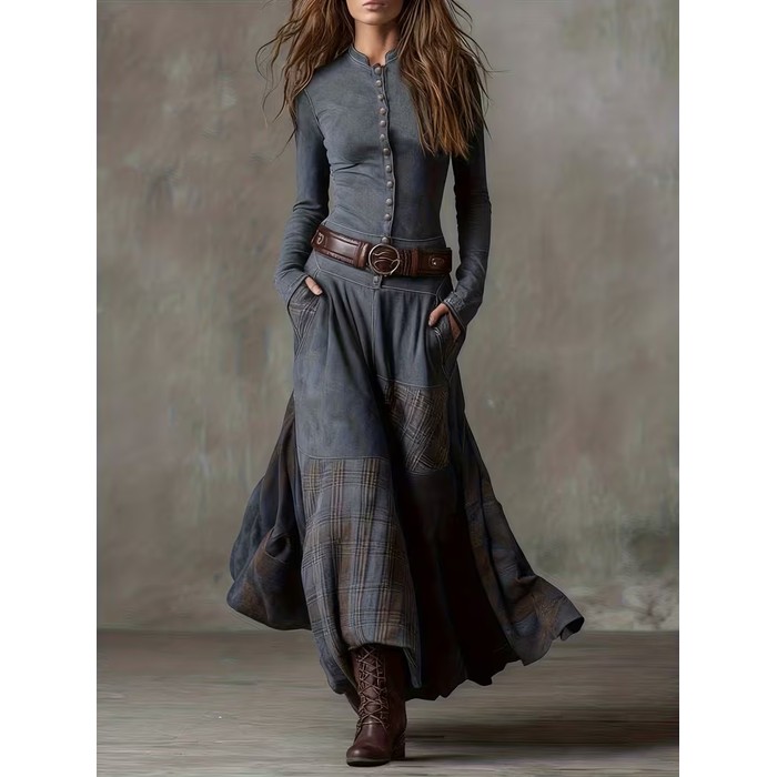 Casual Stand-up Collar Button-down Plaid Patchwork Slim-fit Dress
