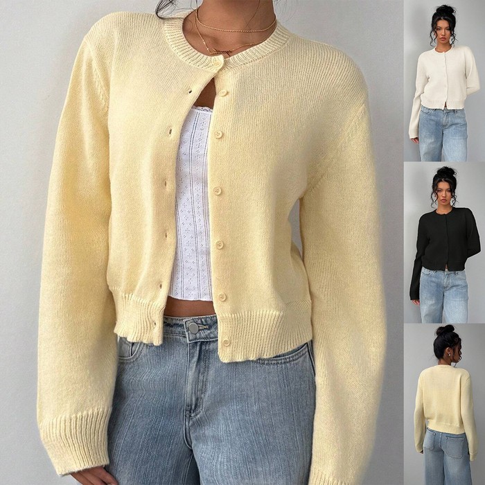 Chic Long Sleeved Knitted Cardigan Fashion Slim Solid Color Short Sweater For Women Clothing