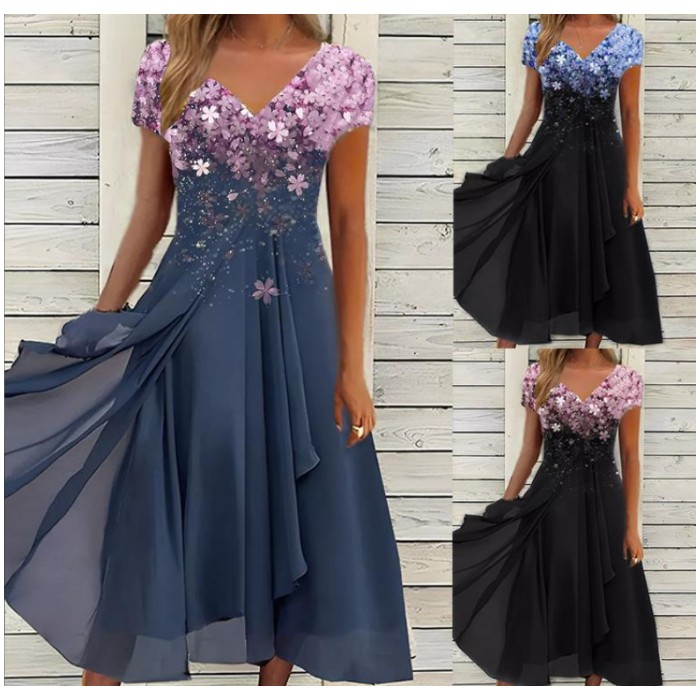Chiffon Patchwork Floral Ladies Chiffon Dress