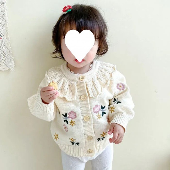 Children's Flower Embroidered Lotus Collar Knitted Warm Long Sleeve Cardigan Jacket