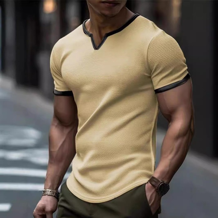 Color-block V Neck Outdoor Sports Waffle T-shirt
