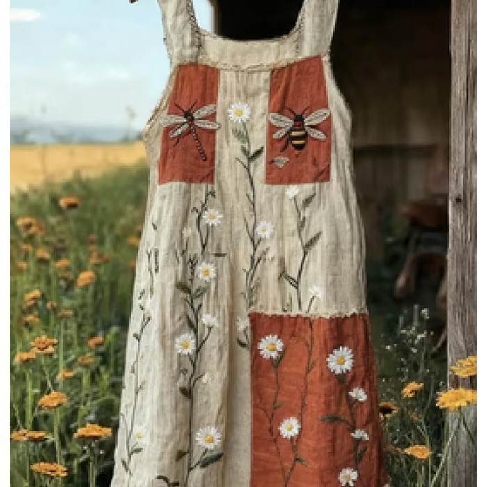 Color-blocked Floral Print Camisole Loose Midi Dress Women's Sleeveless Pastoral Style Dress