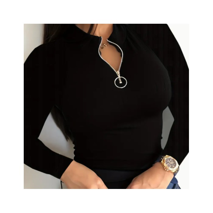 Color Zip-Up V-Neck T-Shirt For Women
