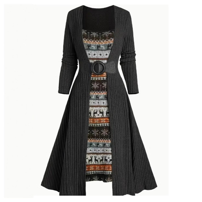 Commuter Long Sleeve Stitching Sunken Stripe Dress