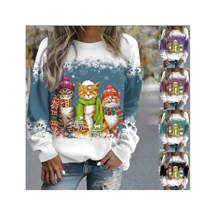 Cross-border Women's Christmas New Snowman And Cat Printed Long Sleeve Casual Loose-fitting T-shirt Christmas Supplies
