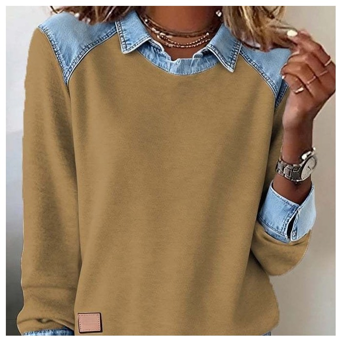 Denim Collar Long Sleeve Pullover Patchwork Knitwear Top