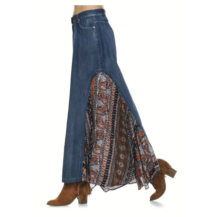 Denim Spliced Ethnic Style Printed Long Skirt