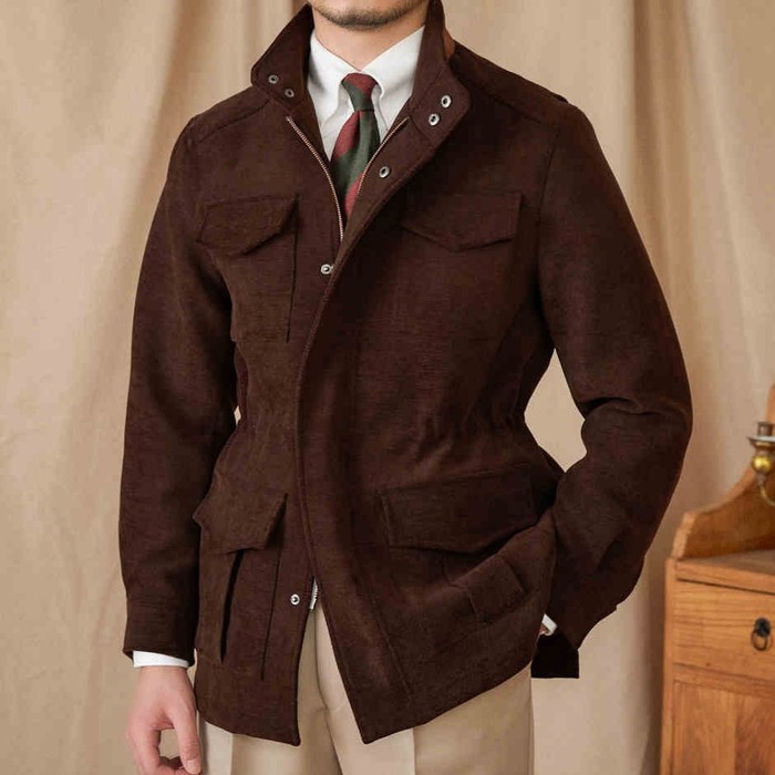 Elastic Waist Stand Collar Jacket Multi-pocket Safari Vintage Coat