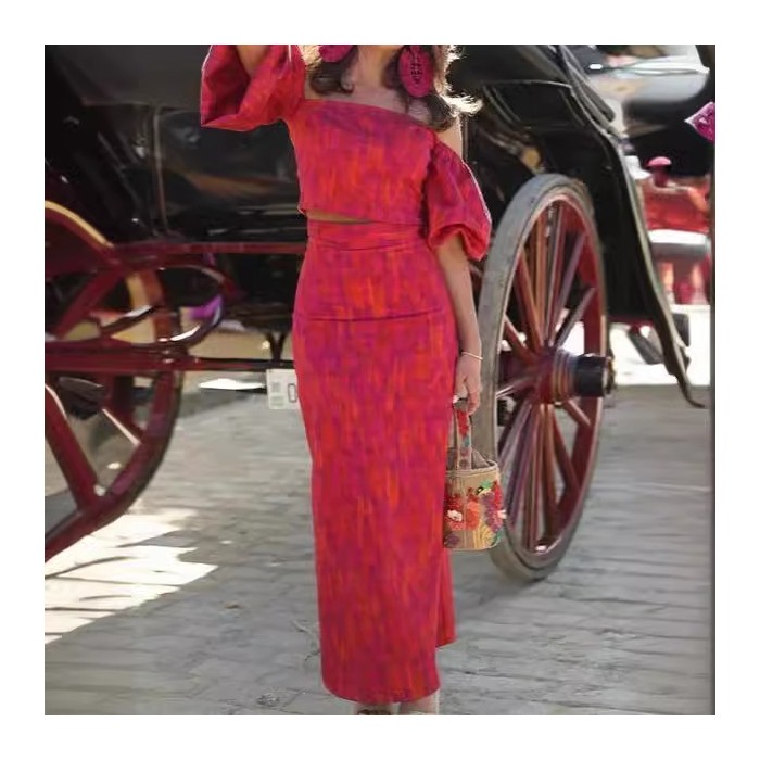 Elegant Bandeau One-shoulder Puff Sleeve Top Mid-length Dress Set Lightly Mature