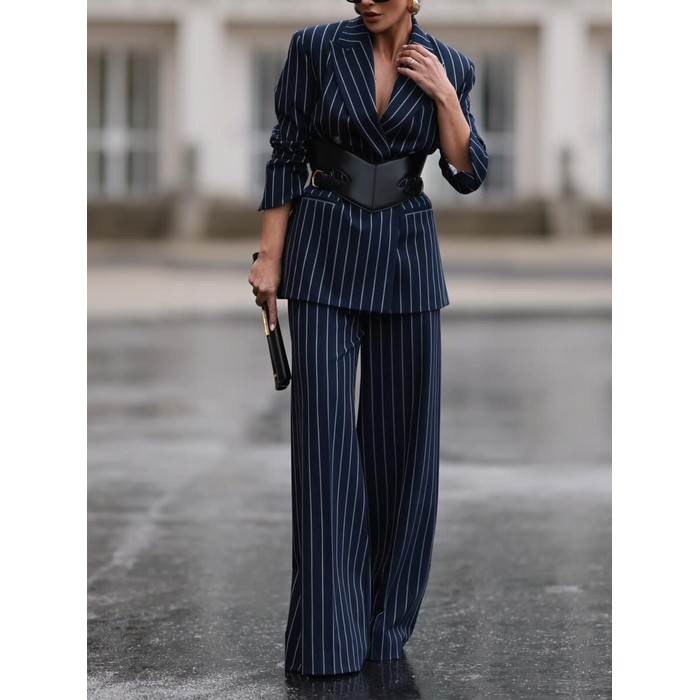 Elegant Striped Blazer & High Waist Pants Set