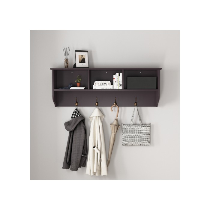 Espresso Entryway Wall Mounted Coat Rack With 4 Dual Hooks Living Room Wooden Storage Shelf