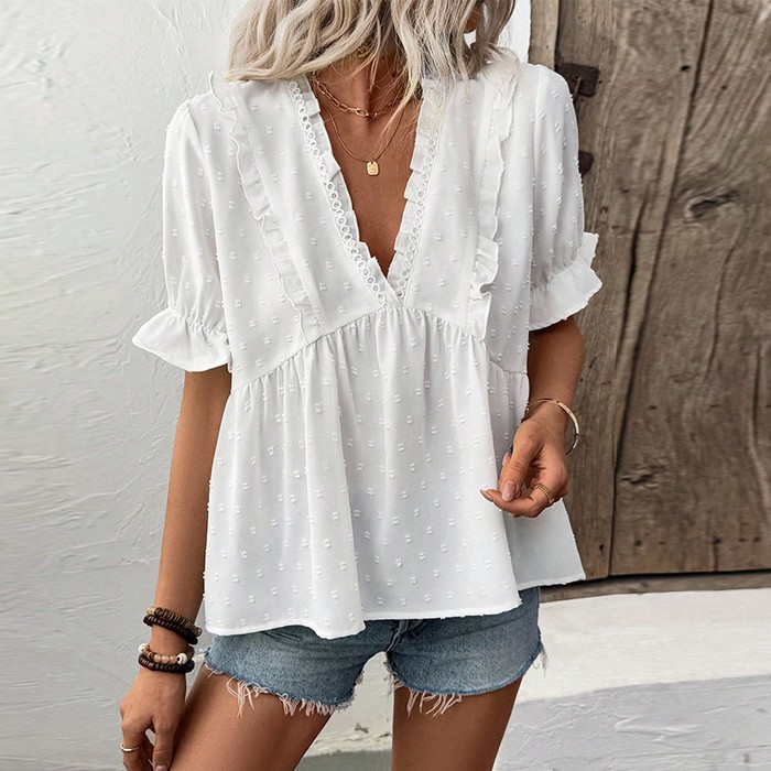 European And American Cut Flower Fur Ball Shirt Short Sleeve Lace